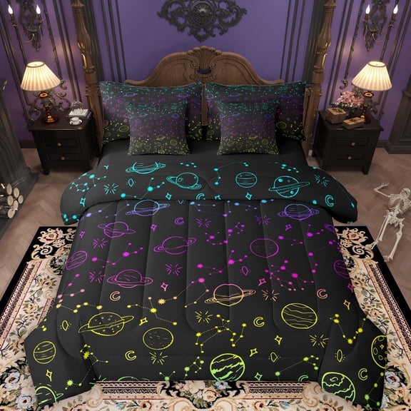 Manfei Kids Cartoon Planet 7 Pieces Bedding Comforter Set, Mystic Galaxy Constellation Full Bedding Set, Outer Space Reversible Fitted Sheet Flat Sheet, Microfiber Bedroom Decor
