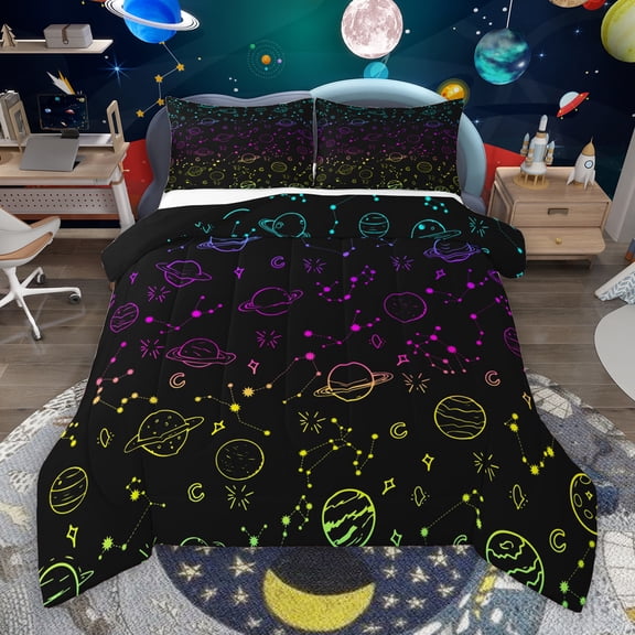 Manfei Kids Cartoon Planet Full Size Comforter Sets, Mystic Galaxy Constellation Bedding Comforter Set, Outer Space Reversible Bedding Sets, Microfiber Bedroom Decor, 3pcs