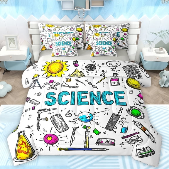 Manfei Kids Chemistry Bedding Comforter Set 7 Pieces, White Black Graffiti Full Bedding Set, Cartoon Science Theme Reversible Fitted Sheet Flat Sheet, Microfiber Bedroom Decor