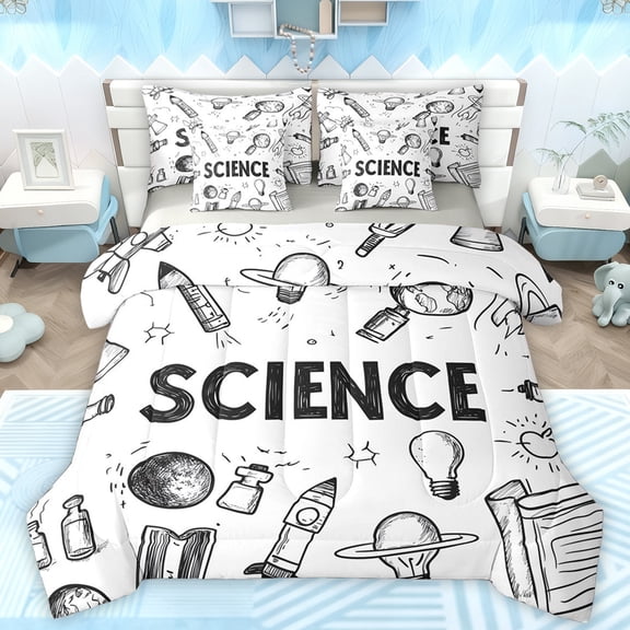 Manfei Kids Chemistry Bedding Comforter Set 7pcs, White Black Graffiti Queen Bedding Sets, Cartoon Science Theme Reversible Queen Sheet Sets, Lightweight Room Decor