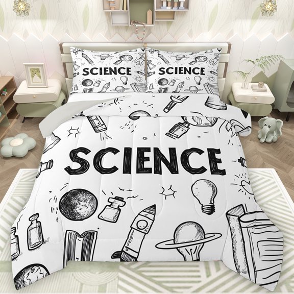 Manfei Kids Chemistry Bedding Comforter Set, White Black Graffiti Twin Comforter Sets, Cartoon Science Theme Reversible Bedding Set, Lightweight Room Decor, 2pcs