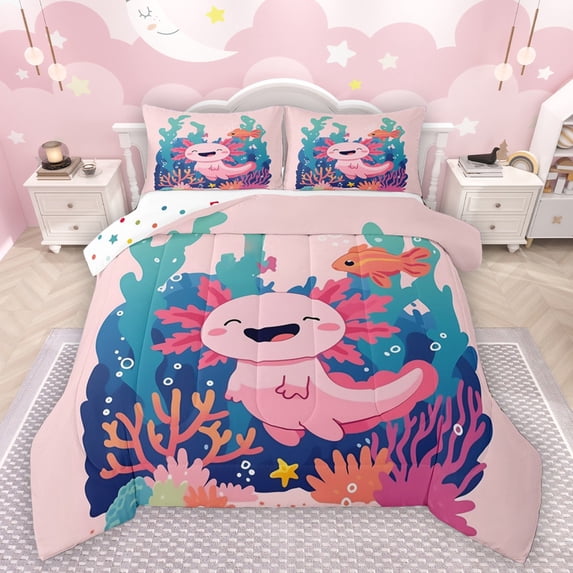 Manfei Kids Children Cartoon Axolotl Bedding Comforter Set 2pcs,Kawaii Animal Twin Comforter Sets Microfiber,Underwater World Breathable Bedding Set,Super Cozy Room Decor,Reversible