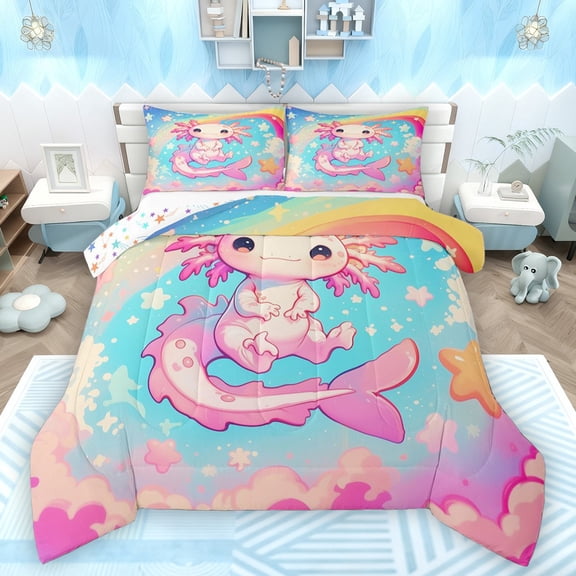 Manfei Kids Children Cartoon Axolotl Bedding Comforter Set 2pcs,Kawaii Rainbow Twin Comforter Sets Microfiber,Cute Stars Print Breathable Bedding Set,Super Cozy Room Decor,Reversible