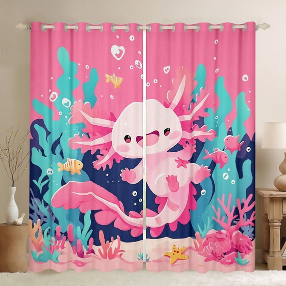 Manfei Kids Children Cartoon Axolotl Black Out Curtains,Kawaii Marine Animal Curtains Pack of 2 (42x63 Each),Cute Salamander Bedroom Curtains,Super Cozy Room Decor