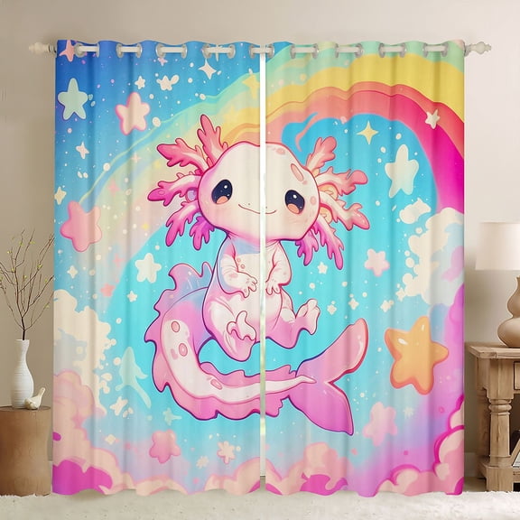 Manfei Kids Children Cartoon Axolotl Black Out Curtains,Kawaii Rainbow Curtains Pack of 2 (42x63 Each),Cute Stars Print Bedroom Curtains,Super Cozy Room Decor