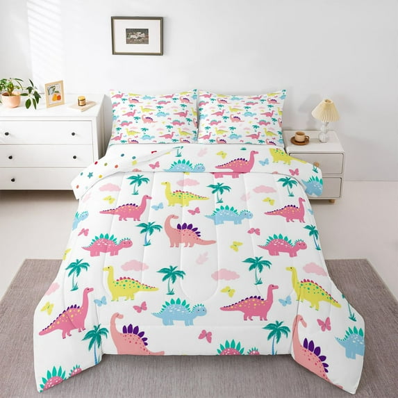 Manfei Kids Children Cartoon Dinosaur Full Size Comforter Sets 3-Piece,Kawaii Animal Dino Bedding Comforter Set,Cute Jungle Wildlife Lightweight Bedding Sets,Breathable Home Decor,Reversible
