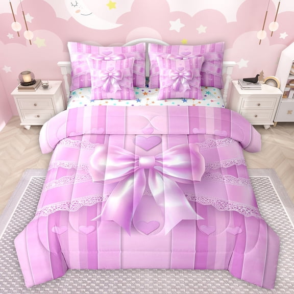 Manfei Kids Children Cartoon Ribbon Bow-Tie Bedding Comforter Set 7 Pieces,Love Heart Print Full Bedding Set Lightweight,Geometric Stripes Fitted Sheet Flat Sheet,Breathable Home Decor,Reversible