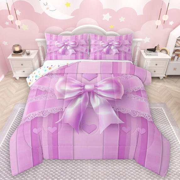 Manfei Kids Children Cartoon Ribbon Bow-Tie Full Size Comforter Sets 3-Piece,Love Heart Print Bedding Comforter Set,Geometric Stripes Lightweight Bedding Sets,Breathable Home Decor,Reversible