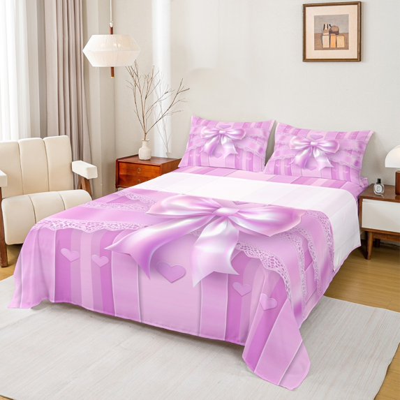 Manfei Kids Children Cartoon Ribbon Bow-Tie Twin Sheet Sets 3pcs,Love Heart Print Twin Fitted Sheet Microfiber,Geometric Stripes Breathable Flat Sheet,Breathable Home Decor