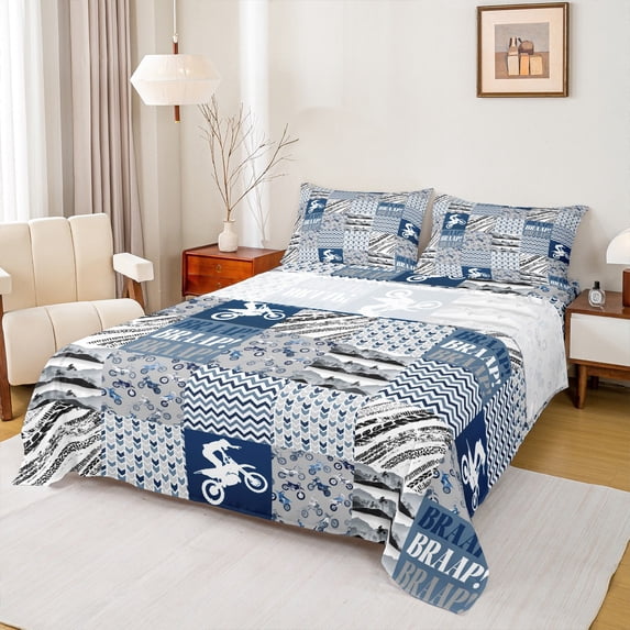 Manfei Kids Children Dirt Bike Twin Sheet Sets 3pcs,Geometric Plaid Twin Fitted Sheet Microfiber,Extreme Sport Breathable Flat Sheet,Super Cozy Room Decor
