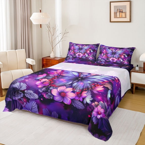 Manfei Kids Children Flying Floral Butterflies Twin Sheet Sets 3pcs,Dreamy Princess Twin Fitted Sheet Microfiber,Exotic Style Breathable Flat Sheet,Ultra Soft Home Decor