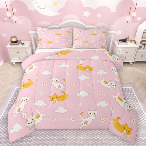 Manfei Kids Children Kawaii Cats 3 Pieces Queen Comforter Set,Dreamy Princess Ultra Soft Bedding Sets,Floral Flowers Animal Bedding Comforter Set Breathable,Luxury Bedroom Decor,Reversible