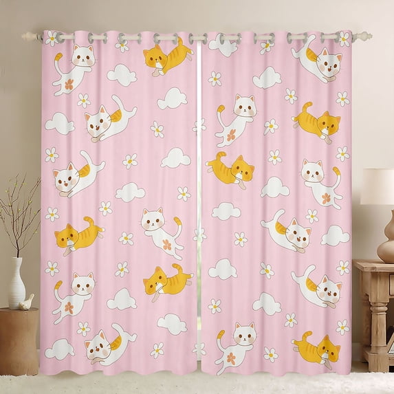 Manfei Kids Children Kawaii Cats Blackout Curtains Set of 2 (52x84 Each),Dreamy Princess Window Curtains,Floral Flowers Animal Curtains and Drapes,Luxury Bedroom Decor