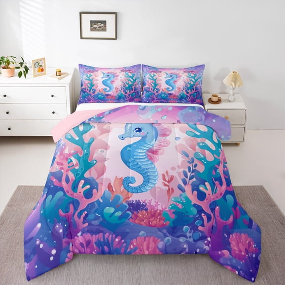 Manfei Kids Children Kawaii Seahorse Bedding Comforter Set 2pcs,Cartoon Marine Animal Twin Comforter Sets Microfiber,Cute Sea Wildlife Breathable Bedding Set,Super Cozy Room Decor,Reversible