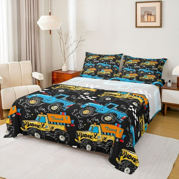 Manfei Kids Children Kawaii Truck 4pcs Bed Sheets,Cartoon Car King Sheets,Blue Yellow Super Cozy Sheet Set,Microfiber Bedroom Decor