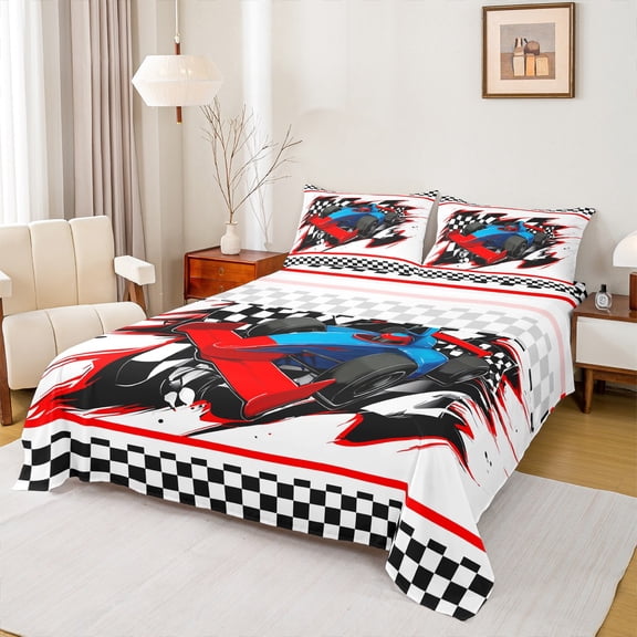 Manfei Kids Children Racing Car Twin Sheet Sets 3pcs,Geometric Plaid Twin Fitted Sheet Microfiber,Extreme Sport Breathable Flat Sheet,Super Cozy Room Decor