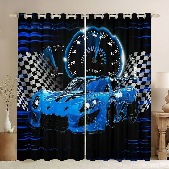 Manfei Kids Children Sport Car Black Out Curtains,Geometric Plaid Curtains Pack of 2 (42x63 Each),Car Theme Bedroom Curtains,Super Cozy Room Decor