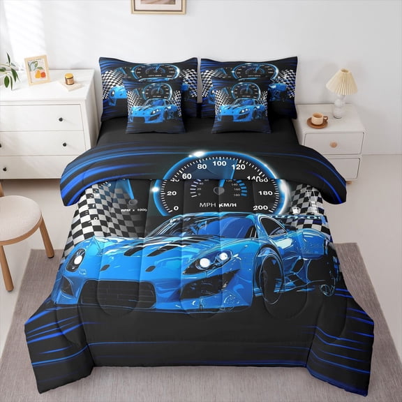 Manfei Kids Children Sport Car Twin Bedding Sets 7-Piece,Geometric Plaid Bedding Comforter Set Microfiber,Car Theme Breathable Sheet Sets,Super Cozy Room Decor,Reversible