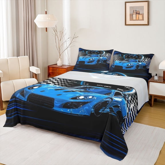 Manfei Kids Children Sport Car Twin Sheet Sets 3pcs,Geometric Plaid Twin Fitted Sheet Microfiber,Car Theme Breathable Flat Sheet,Super Cozy Room Decor