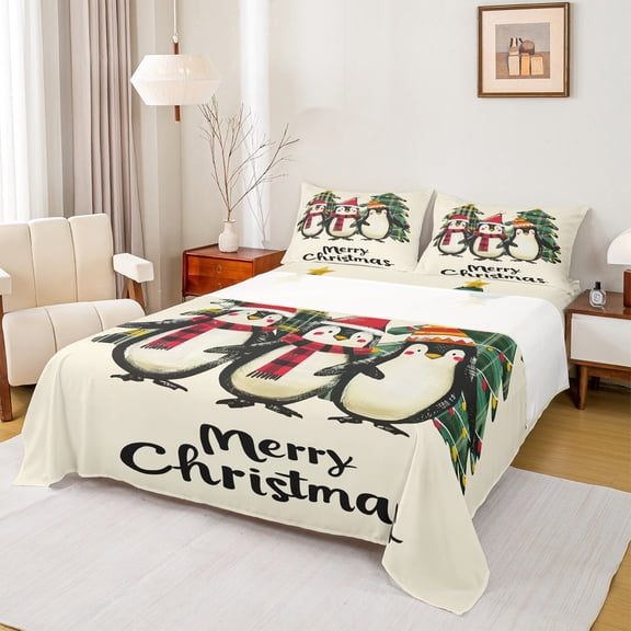 Manfei Kids Christmas Penguin Twin Sheet Sets, Cartoon Antarctic Animal Twin Fitted Sheet, Happy New Year Flat Sheet, Luxury Bedroom Decor, 3 Pieces