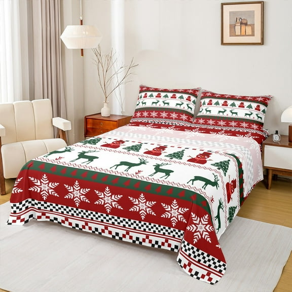 Manfei Kids Christmas Reindeer Full Size Sheets, Tribal Suqare Buffalo Bed Sheets, Xmas Tree Snowflake Sheet Sets, Microfiber Bedroom Decor, 4 Pieces