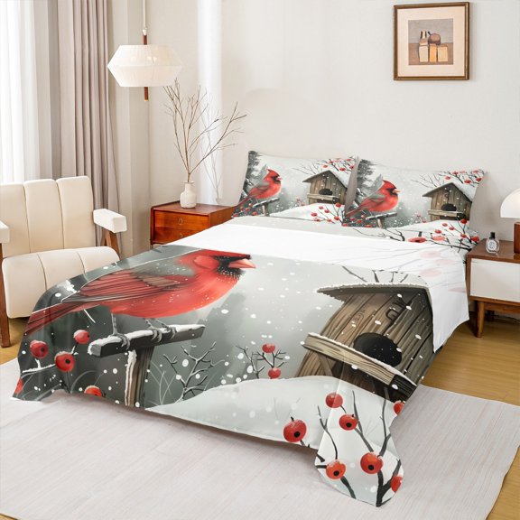 Manfei Kids Christmas Robin Queen Sheet Sets, Winter Plant Fruit Flat Sheet, Rustic Farmhosue Cabin Queen Fitted Sheet, Lightweight Room Decor, 4-Piece