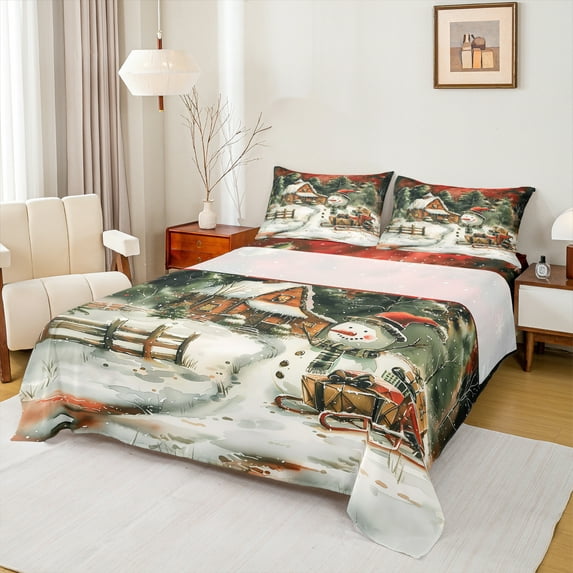 Manfei Kids Christmas Snowman Bed Sheets, Vintage Countryside Cabin King Sheets, Happy New Year Sheet Set, Breathable Home Decor, 4 Pieces
