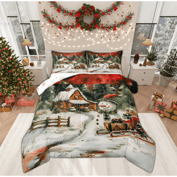 Manfei Kids Christmas Snowman Queen Comforter Set, Vintage Countryside Cabin Bedding Sets, Happy New Year Reversible Bedding Comforter Set, Breathable Home Decor, 3 Pieces