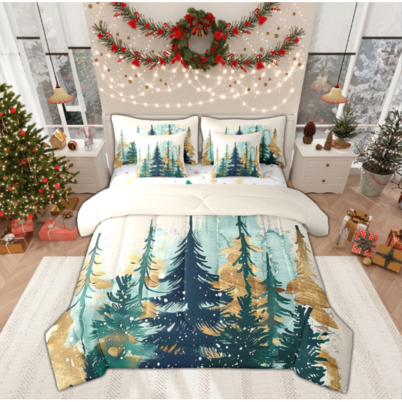 Manfei Kids Christmas Tree Bedding Comforter Set 7pcs, Teal Watercolor Queen Bedding Sets, Winter Plant Botanical Reversible Queen Sheet Sets, Microfiber Bedroom Decor