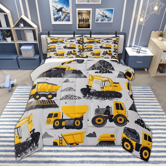 Manfei Kids Construction Vehicles Queen Comforter Set for Boys, Tractor Bulldozer Bedding Sets, Truck Excavator Bedding Comforter Set, Ultra Soft Home Decor Reversible 3-Piece