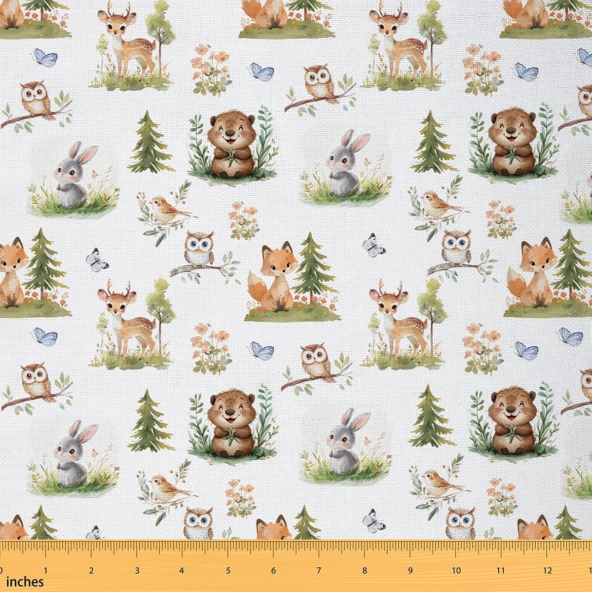 Manfei Kids Cute Animals Sewing & Crafting Fabric (2 Yards), Cartoon Owl Fox Deer Home Decor Fabric by the Yard, Rabbit Bird Butterfly DIY Fabric