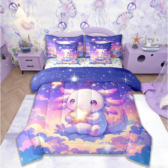Manfei Kids Cute Axolotl 7pcs Bedding Comforter Set,Galaxy Starry Night Queen Bedding Sets For Boys Girls,Cartoon Salamander Queen Sheet Sets,Kawaii Animal Teens Bed Set Bedroom Decor Reversible
