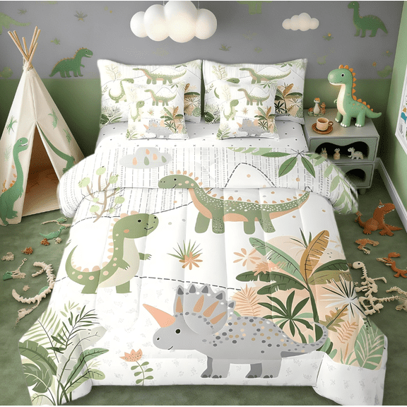 Manfei Kids Cute Dino 7pcs Bedding Comforter Set,Cartoon Green Dinosaur Queen Bedding Sets For Boys Girls,Cute Animal Coconut Plant Bed Set Reversible