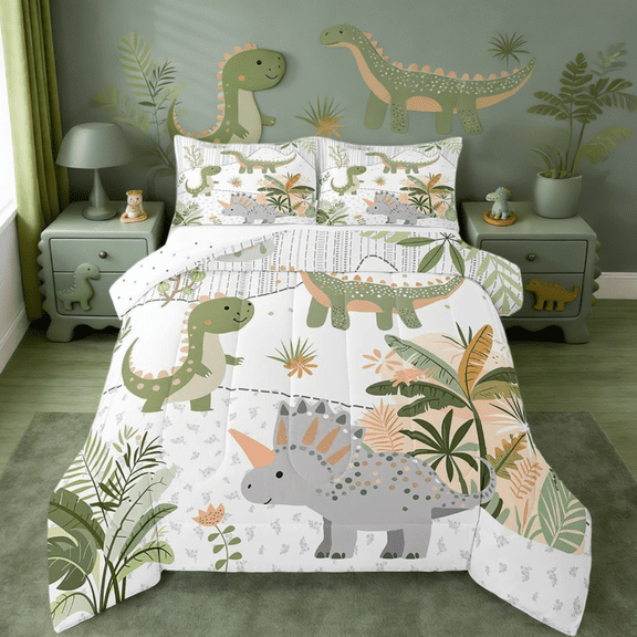 Manfei Kids Cute Dino Full Size Comforter Sets,Cartoon Green Dinosaur Bedding Sets For Boys Girls,Cute Animal Coconut Plant Bed Set Reversible 3pcs