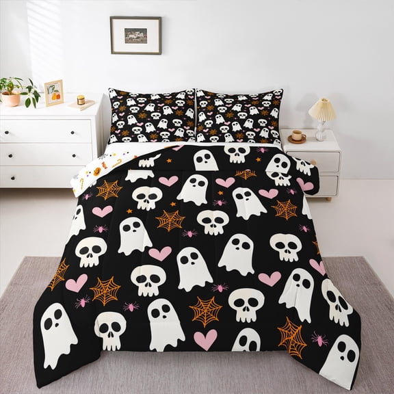 Manfei Kids Cute Ghost Bedding Comforter Set, Halloween Skull Skeleton Twin Comforter Sets, Gothic Spider Web Reversible Bedding Set, Breathable Home Decor, 2pcs