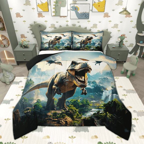 Manfei Kids Dinosaur Bedding Comforter Set for Boys, Tyrannosaurus Rex Twin Comforter Sets, Wild Jungle Animal Bedding Set, Ultra Soft Home Decor Reversible 2pcs