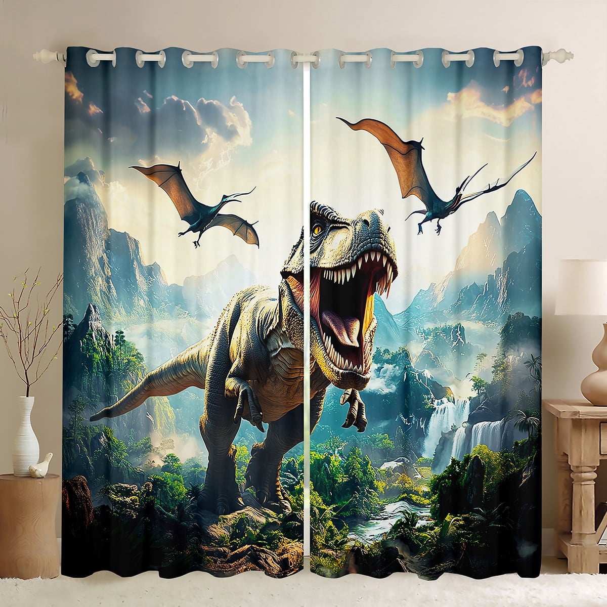 Manfei Kids Dinosaur Curtains Pack of 2 (42x84 Each) for Boys, Tyrannosaurus Rex Curtains Blackout, Wild Jungle Animal Living Room Curtains, Luxurious Home Decor