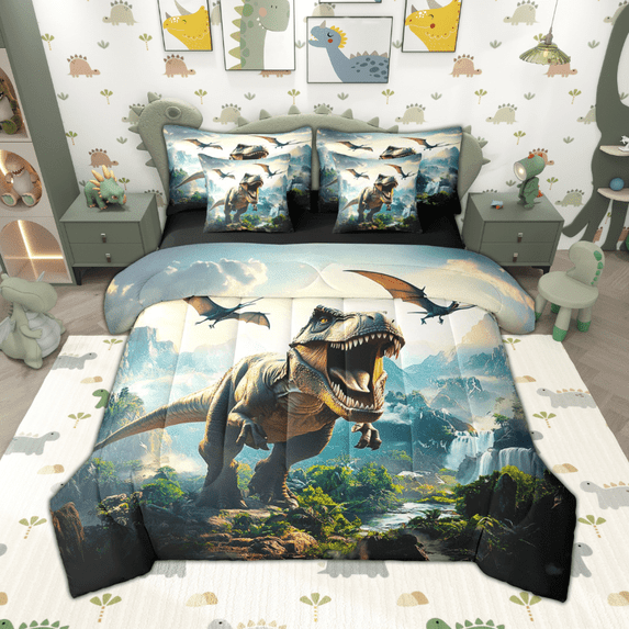 Manfei Kids Dinosaur Twin Bedding Sets 7pcs for Boys, Tyrannosaurus Rex Bedding Comforter Set, Wild Jungle Animal Sheet Sets, Ultra Soft Home Decor