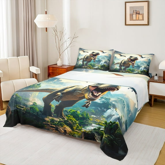 Manfei Kids Dinosaur Twin Sheet Sets for Boys, Tyrannosaurus Rex Twin Fitted Sheet, Wild Jungle Animal Flat Sheet, Ultra Soft Home Decor 3pcs