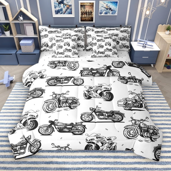 Manfei Kids Dirt Bike Print 7-Piece Bedding Comforter Set, Motorcycle Sports Player King Bedding Sets, Cartoon Theme Reversible Bed Sheets, Breathable Home Decor