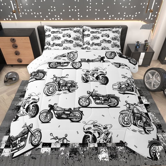 Manfei Kids Dirt Bike Print Full Size Comforter Sets, Motorcycle Sports Player Bedding Comforter Set, Cartoon Theme Reversible Bedding Sets, Breathable Home Decor, 3pcs