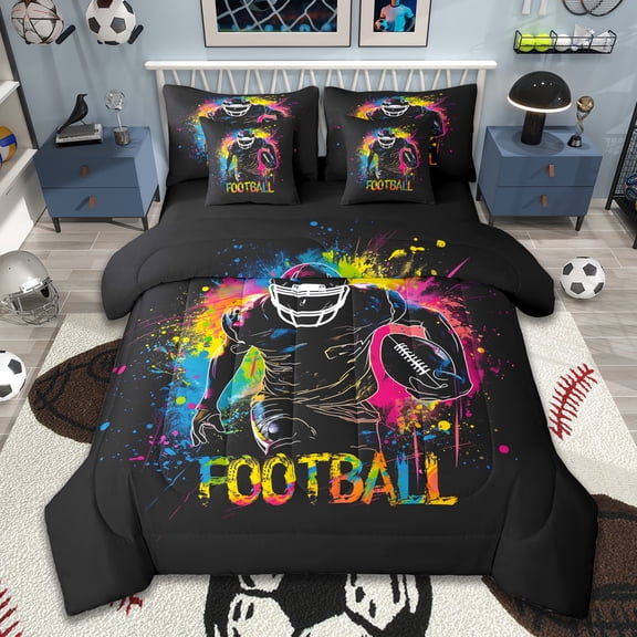 Manfei Kids Football 7pcs Bedding Comforter Set,Tenns Sports Queen Bedding Sets,Watercolor Splashing Ink Queen Sheet Sets For Boys,Microfiber Bedroom Decor Reversible