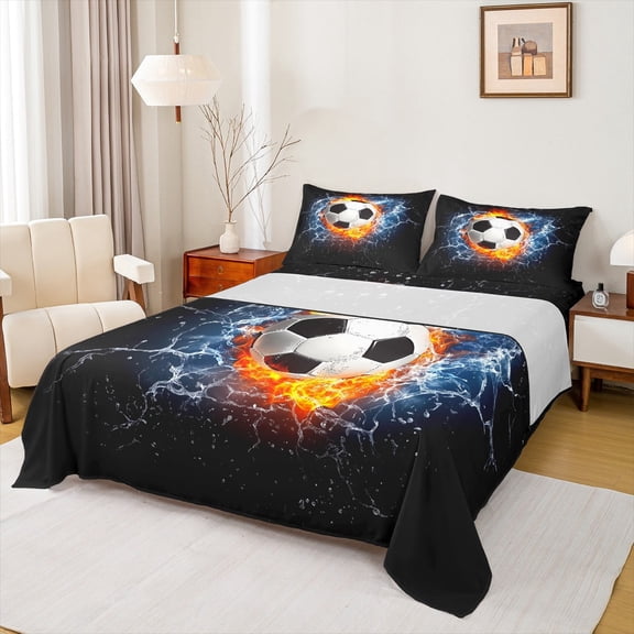 Manfei Kids Football Game Full Size Sheets,Soccer Ball Theme Bed Sheets,Sport Theme Sheet Sets For Kids Boy,Microfiber Bedroom Decor,4-Piece