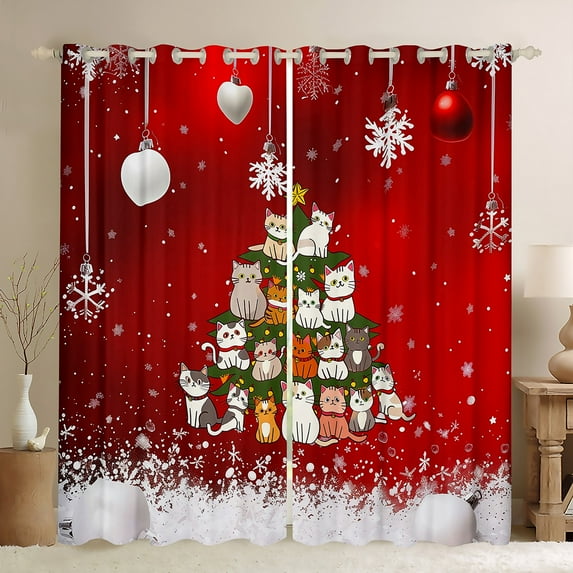 Manfei Kids Funny Cat Black Out Curtains, Kitten Christmas Tree Curtains Pack of 2 (42x63 Each), Red New Year Gifts Bedroom Curtains, Luxurious Room Decor