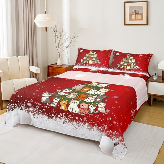 Manfei Kids Funny Cat Twin Sheet Sets 3 Pieces, Kitten Christmas Tree Twin Fitted Sheet, Red New Year Gifts Flat Sheet, Lightweight Room Decor