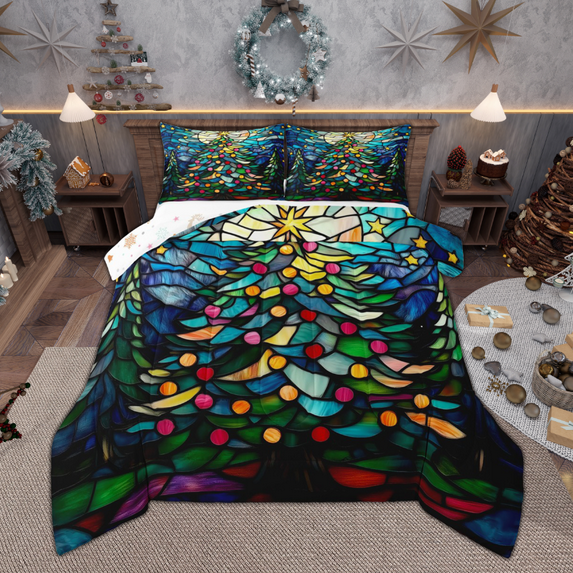 Manfei Kids Funny Christmas Tree Full Size Comforter Sets, Merry Xmas Bedding Comforter Set, Geometric Painting Bedding Sets, Super Cozy Room Decor, Reversible 3-Piece