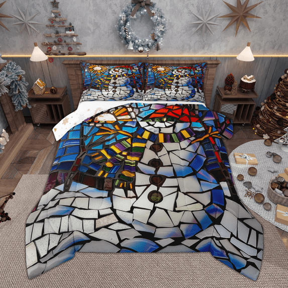 Manfei Kids Funny Snowman Bedding Comforter Set, Merry Xmas Twin Comforter Sets, Geometric Painting Bedding Set, Breathable Home Decor, Reversible 2pcs