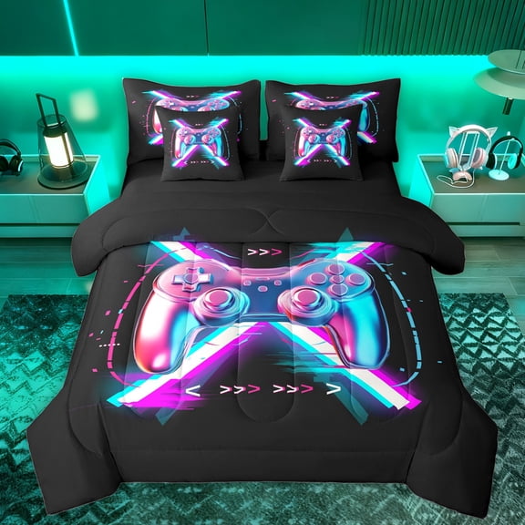 Manfei Kids Game Console 7-Piece Bedding Comforter Set,Modern Video Gamepad King Bedding Sets,Watercolor Neon Bed Sheets For Boy,Ultra Soft Home Decor Reversible