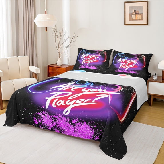 Manfei Kids Game Console King Sheet Set (4-Piece) Pink Purple Black Sparkling Decor For Boys
