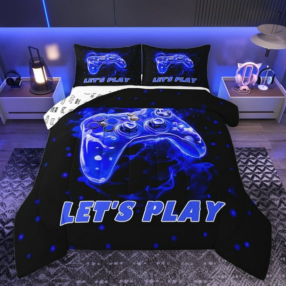 Manfei Kids Game Console Bedding Comforter Set,Geometric Circle Dot Twin Comforter Sets,Black Blue Bedding Set For Boy,Ultra Soft Home Decor Reversible,2 Pieces